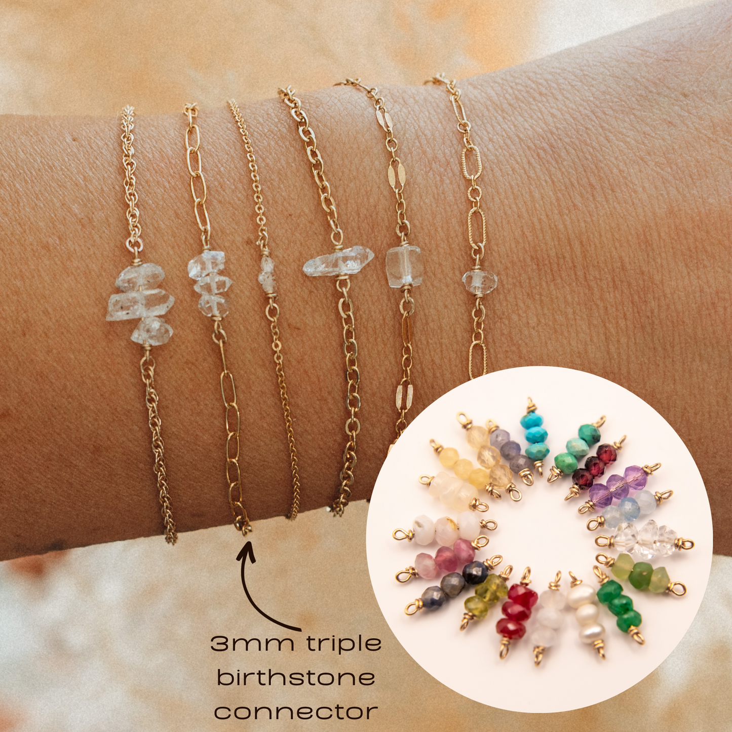 3mm TRIPLE Birthstone Connector - 14k Gold Fill & Sterling Silver