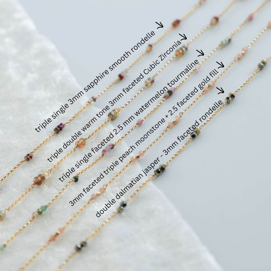 Sapphire, Cubic Zirconia, Tourmaline, Peach Moonstone, Dalmatian Jasper Permanent Jewelry Chain - READY TO SHIP