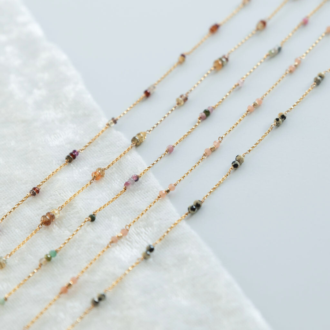 Sapphire, Cubic Zirconia, Tourmaline, Peach Moonstone, Dalmatian Jasper Permanent Jewelry Chain - READY TO SHIP