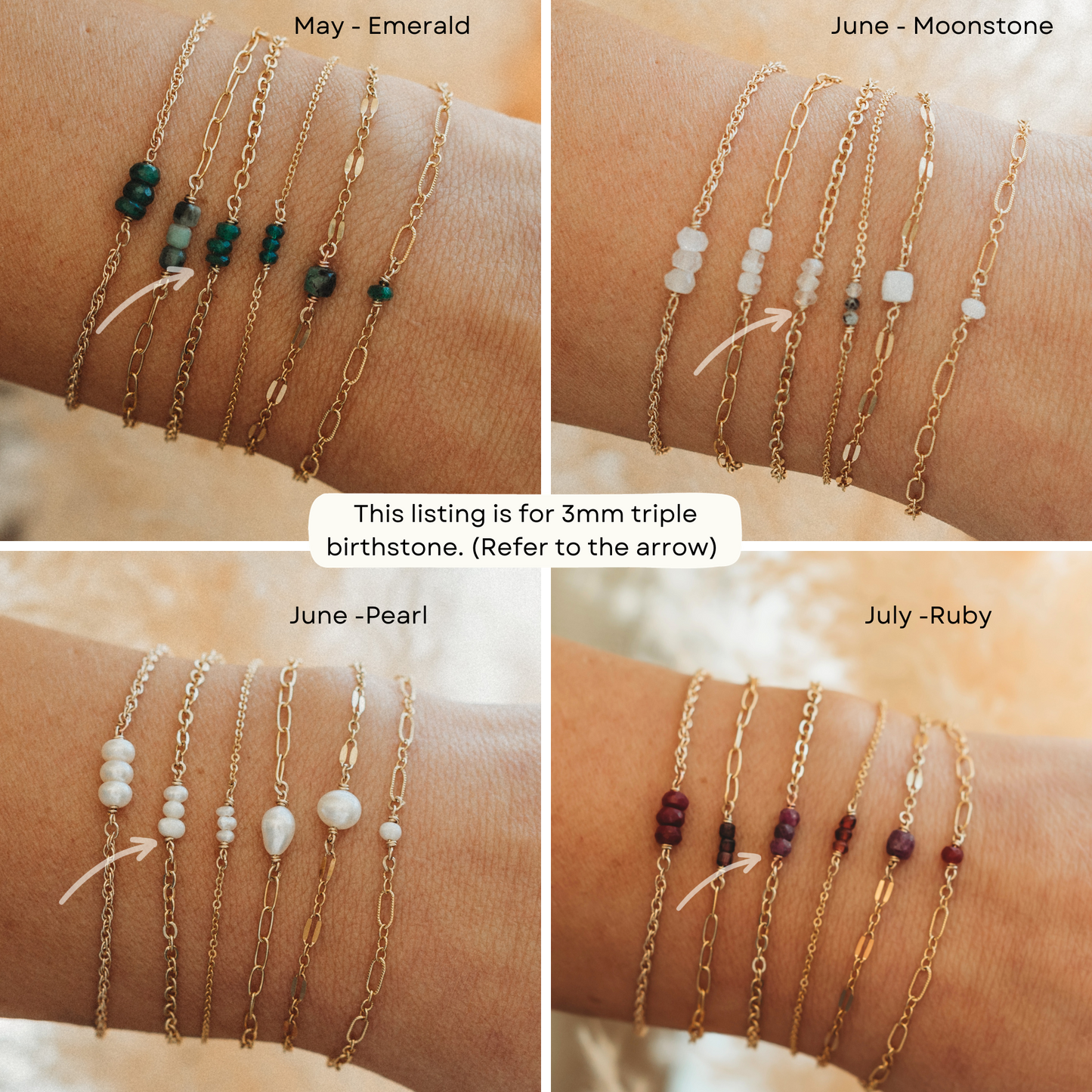 3mm TRIPLE Birthstone Connector - 14k Gold Fill & Sterling Silver