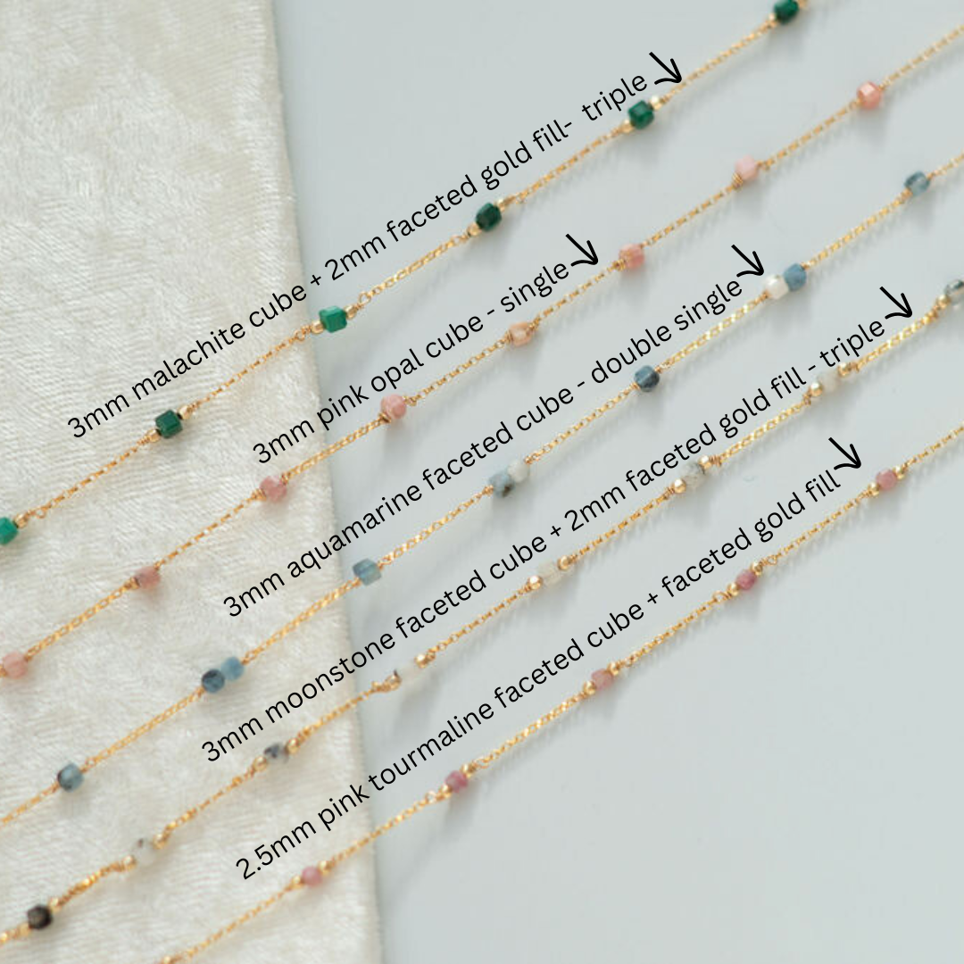 Malachite, Aquamarine, Moonstone, Pink Opal, Tourmaline Cube Gemstone Permanent Jewelry Chain READY TO SHIP