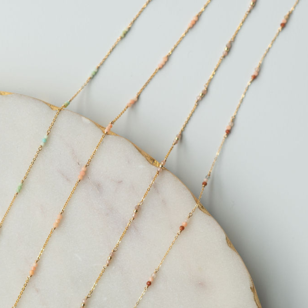 Tiny Gems- Peach Moonstone, Goldstone, Pink Opal, Turquoise Gemstone Permanent Jewelry Chain READY TO SHIP