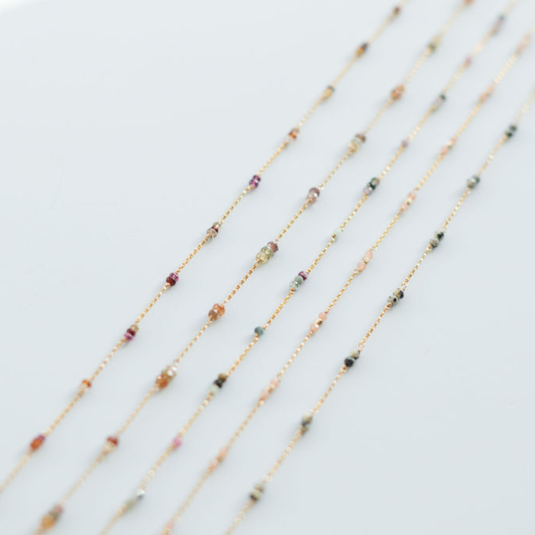 Sapphire, Cubic Zirconia, Tourmaline, Peach Moonstone, Dalmatian Jasper Permanent Jewelry Chain - READY TO SHIP
