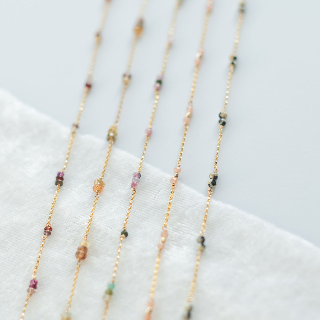Sapphire, Cubic Zirconia, Tourmaline, Peach Moonstone, Dalmatian Jasper Permanent Jewelry Chain - READY TO SHIP