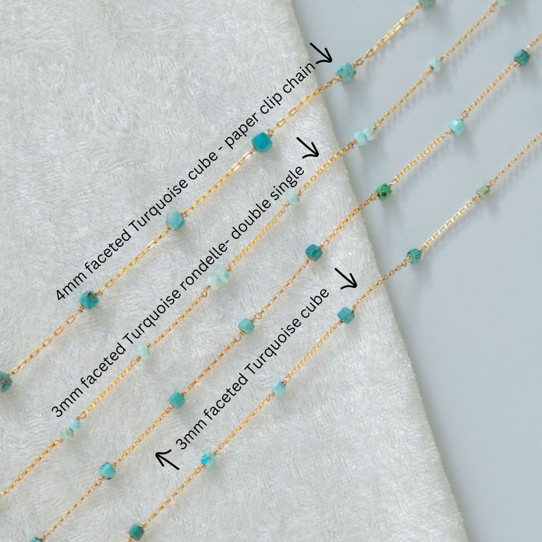 Turquoise beaded necklace with chain types labeled on a light gray background