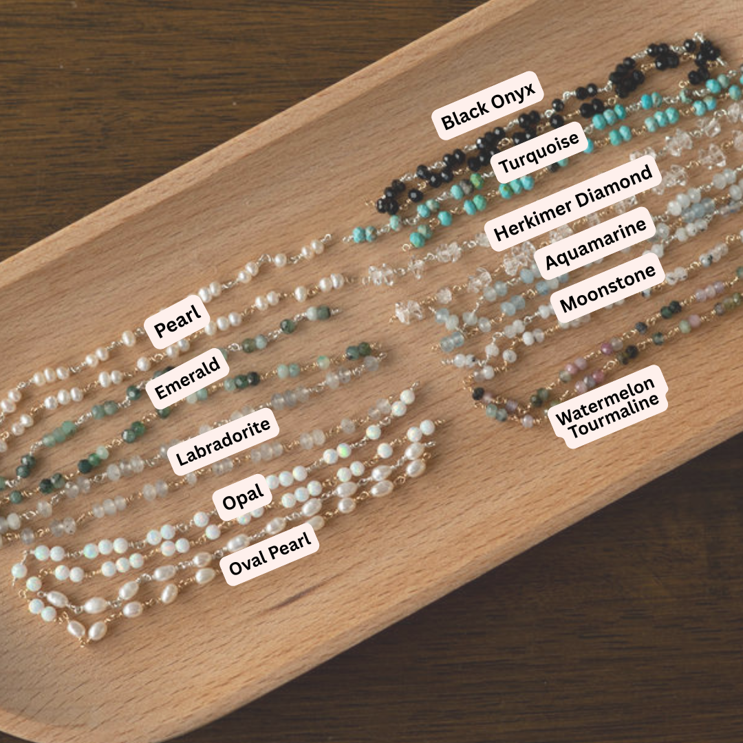 Set of glow ups with gemstone labels on a wooden board