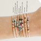 Multiple beaded bracelets on a wrist with color and pattern options listed.
