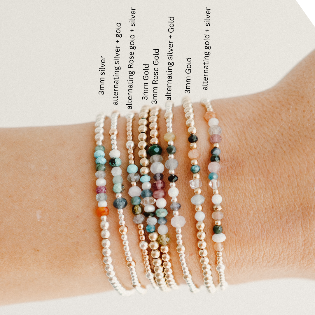 Multiple beaded bracelets on a wrist with color and pattern options listed.