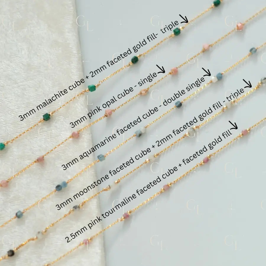 Malachite Aquamarine Moonstone Pink Opal Tourmaline Cube Gemstone Permanent Jewelry Chain READY TO SHIP