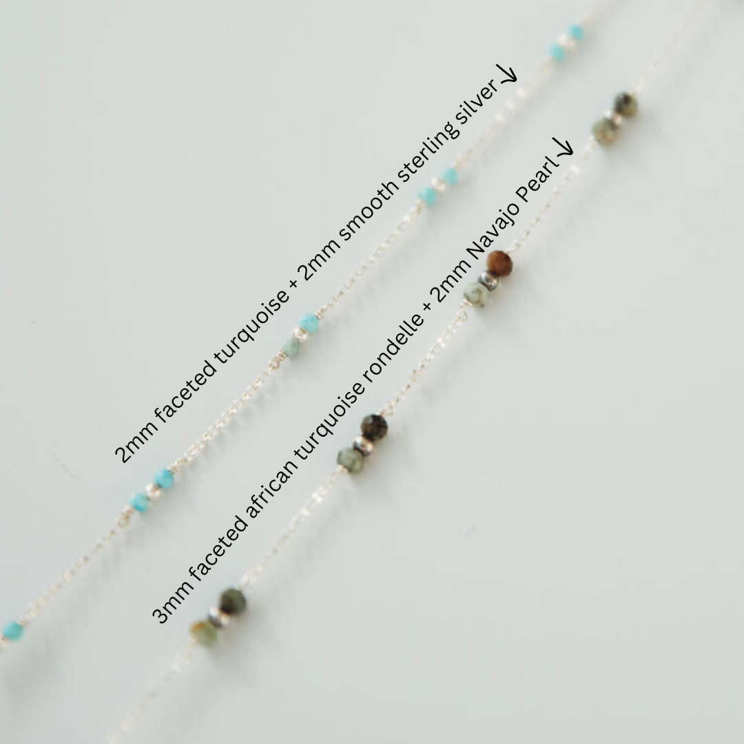 Jewelry necklace with beads labeled on a light gray background