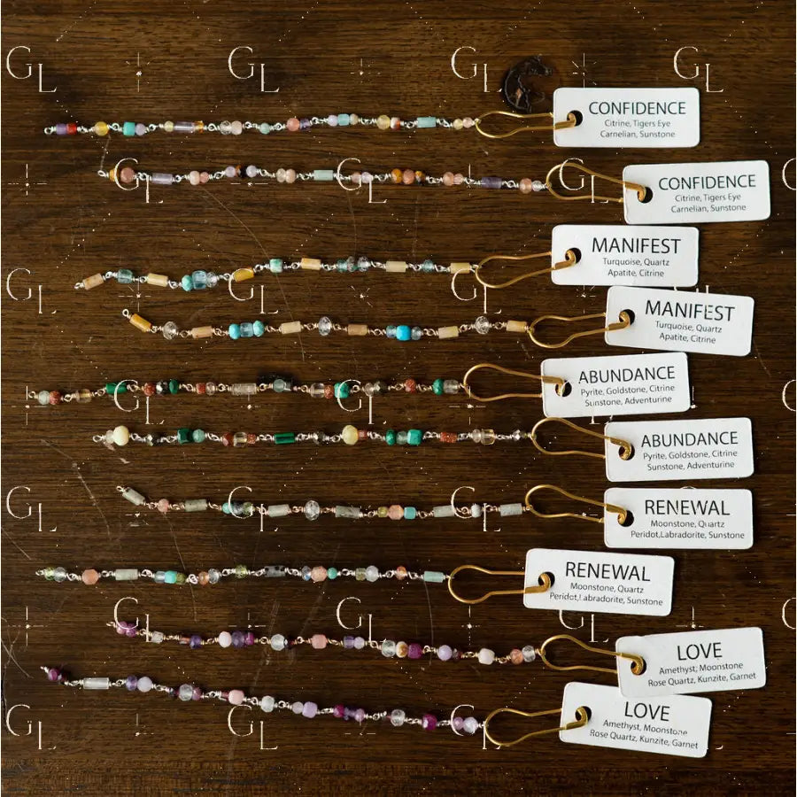 Set of half beaded bracelet with corresponding labels on a wooden surface