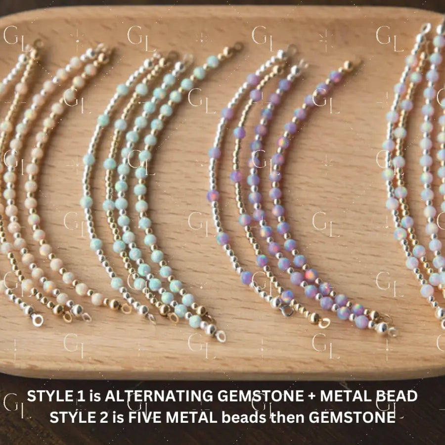 Set of beaded glow ups on a wooden surface with text describing bead patterns.