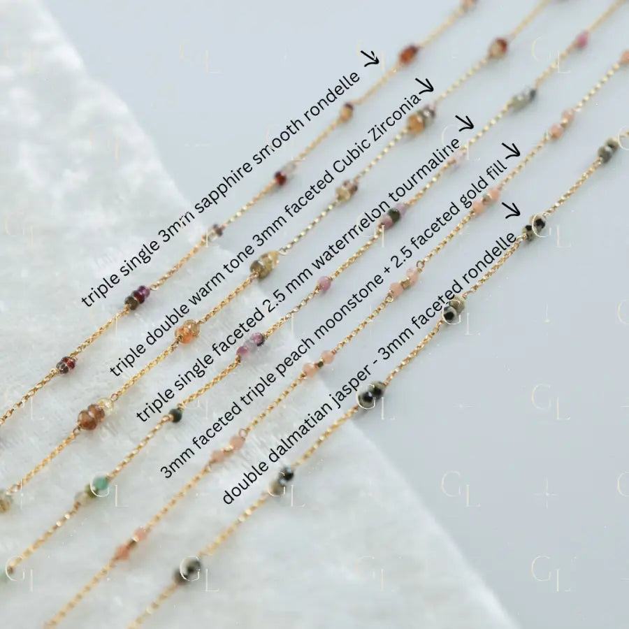 Jewelry strands with beads labeled on a white background