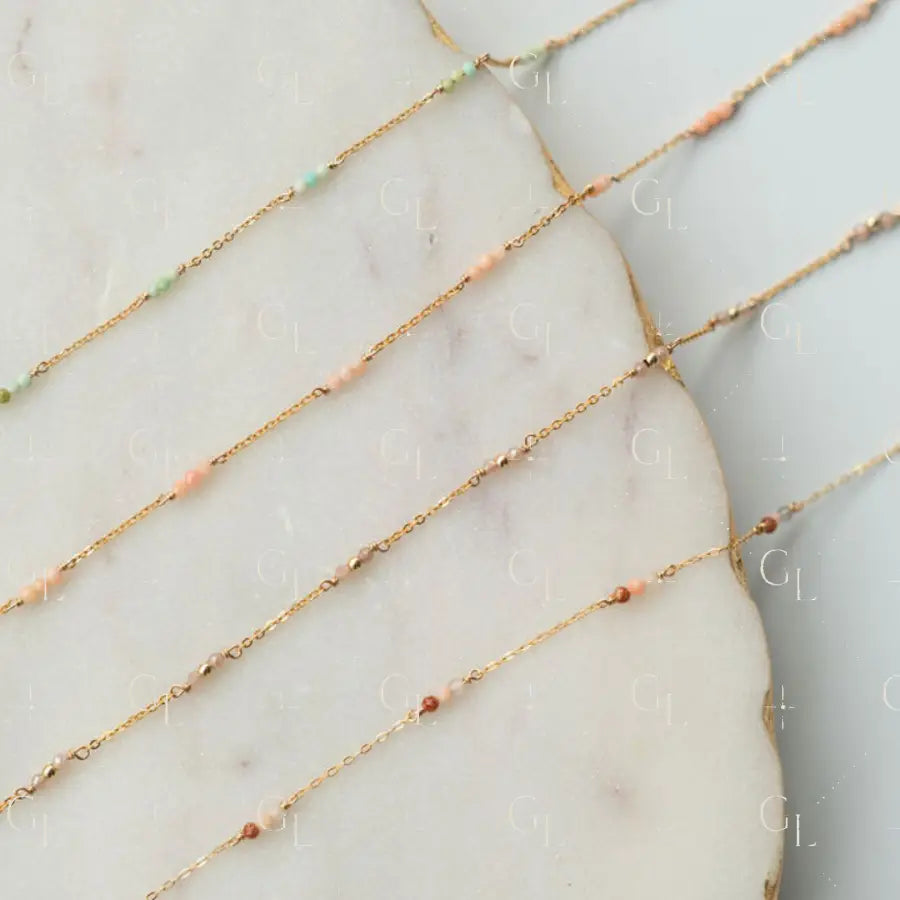 Tiny Gems- Peach Moonstone Goldstone Pink Opal Turquoise Gemstone Permanent Jewelry Chain READY TO SHIP