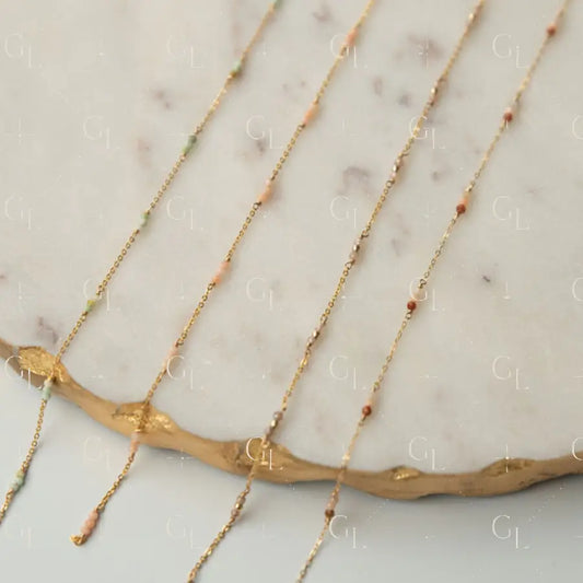 Tiny Gems- Peach Moonstone Goldstone Pink Opal Turquoise Gemstone Permanent Jewelry Chain READY TO SHIP