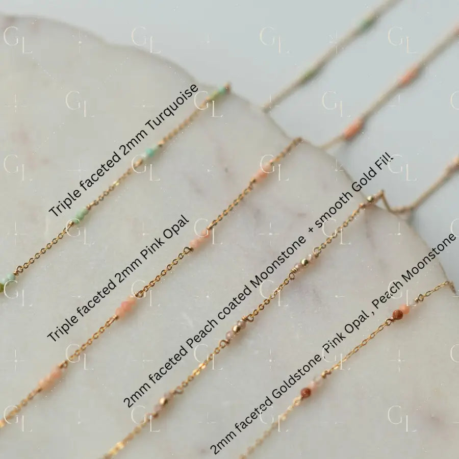 Tiny Gems- Peach Moonstone Goldstone Pink Opal Turquoise Gemstone Permanent Jewelry Chain READY TO SHIP