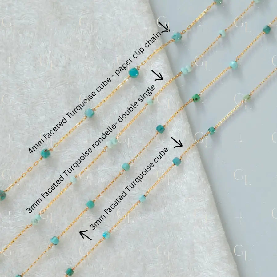 Turquoise beaded necklace with chain types labeled on a light gray background
